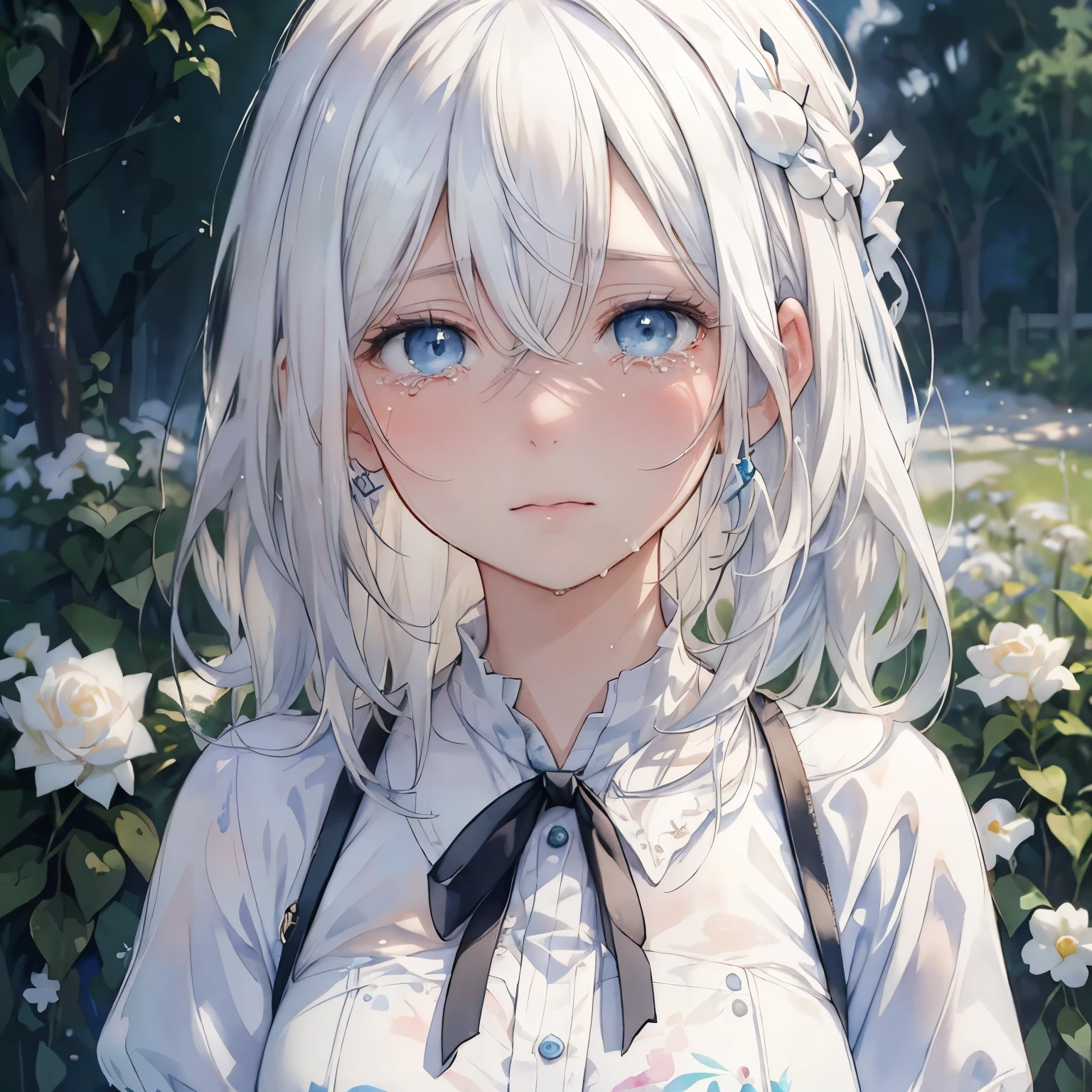 (highres),(realistic),(emotional),(detailed expression),(watercolor painting),(portraits),(girl),(white hair),(blue eyes),(large breasts),(crying very hard),(emotional expression),(tender),(in a garden),(soft lighting),(delicate colors)