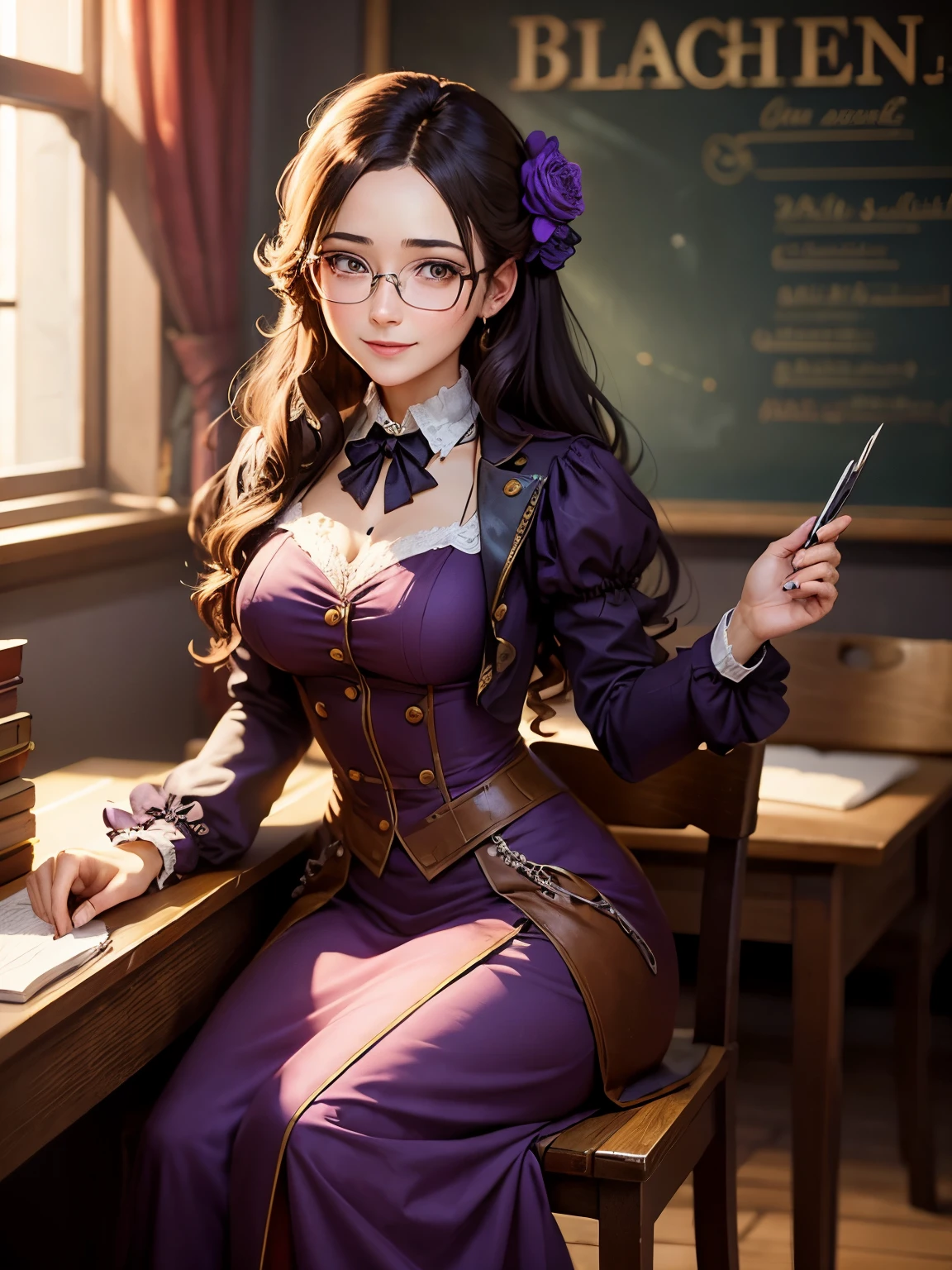 Steampunk, 1 woman, 26 years old, wearing dress, purple gown, teacher, one sided hair, hair falling to one side of face, smiling, glasses, classroom, blackboard, books, table