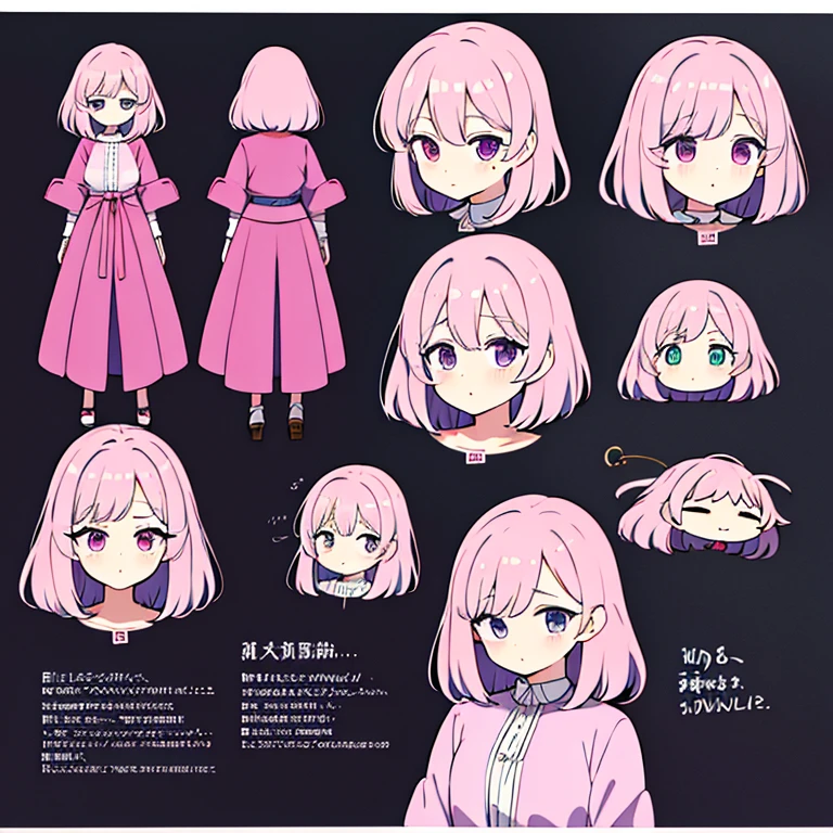 Personagem feminino,cabelo longo,cheio e ondulado de cor castanho escuro, seus olhos castanhos escuro, cor da pele parda, in anime version, de cores das veste branca, with pink and lilac details, em desenho flores, uma personagem feminina estilo anime e uma mestra de bombas Model sheet.