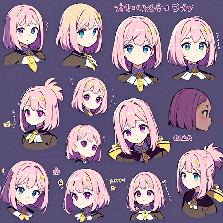 Personagem feminino,cabelo longo,cheio e ondulado de cor castanho escuro, seus olhos castanhos escuro, cor da pele parda, in anime version, de cores das veste branca, with pink and lilac details, em desenho flores, uma personagem feminina estilo anime e uma mestra de bombas Model sheet.