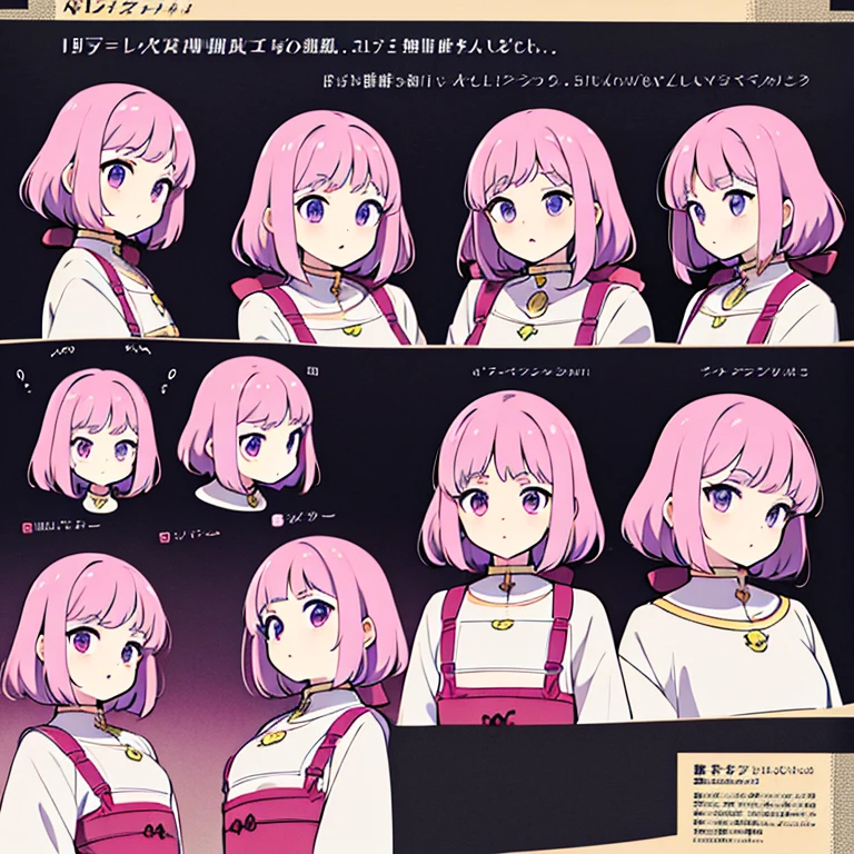 Personagem feminino,cabelo longo,cheio e ondulado de cor castanho escuro, seus olhos castanhos escuro, cor da pele parda, in anime version, de cores das veste branca, with pink and lilac details, em desenho flores, uma personagem feminina estilo anime e uma mestra de bombas Model sheet.