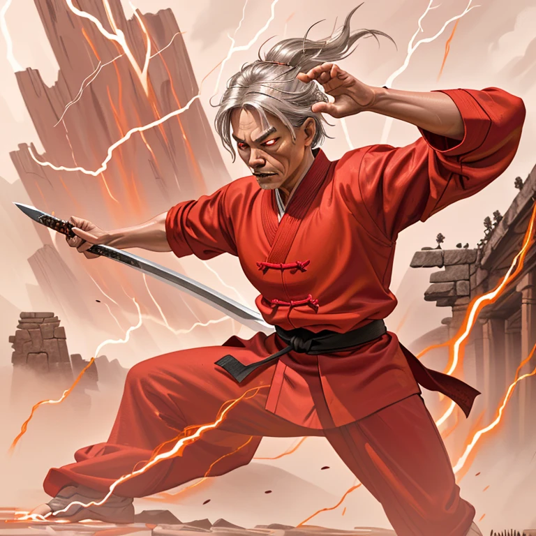 tai chi master, man ((best quality)), ((masterpiece)), (detailed), best quality, vivid colors, ultra-detailed, realistic, oil painting , wielding lightning and silver sword, red glowing eyes, mystical atmosphere, ancient ruins, dramatic lighting, intense focus, martial arts practice, flowing movements, meditative expression, powerful energy, dynamic composition, vibrant brushstrokes, magical realism.