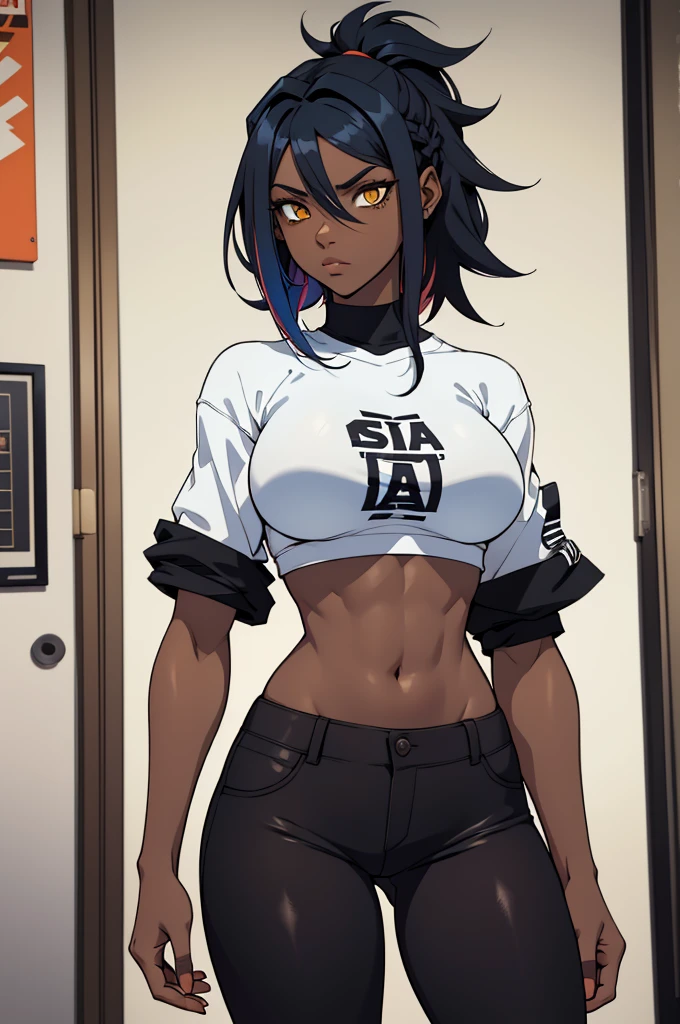 dark skin,1 girl,((multicolored hair, black hair, blue hair)), 1 girl, two-tone hair, black on top, white on bottom 1 gilr, ,perfect anatomy girl muscular girl toned body girl large breasts girl thick girl angry girl best quality girl black hair girl yellow eyes girl pale girl pale girl,linda mulher morena, musculosa , usando short legging withe, meia calça preta, cabelo curto, belos olhos, olhos lindos, amarelos, camisa branca, jaqueta de couro preta, shorts, short legging white, cidade beco escuro pantyhose black, two-tone hair, black on top, white on bottom