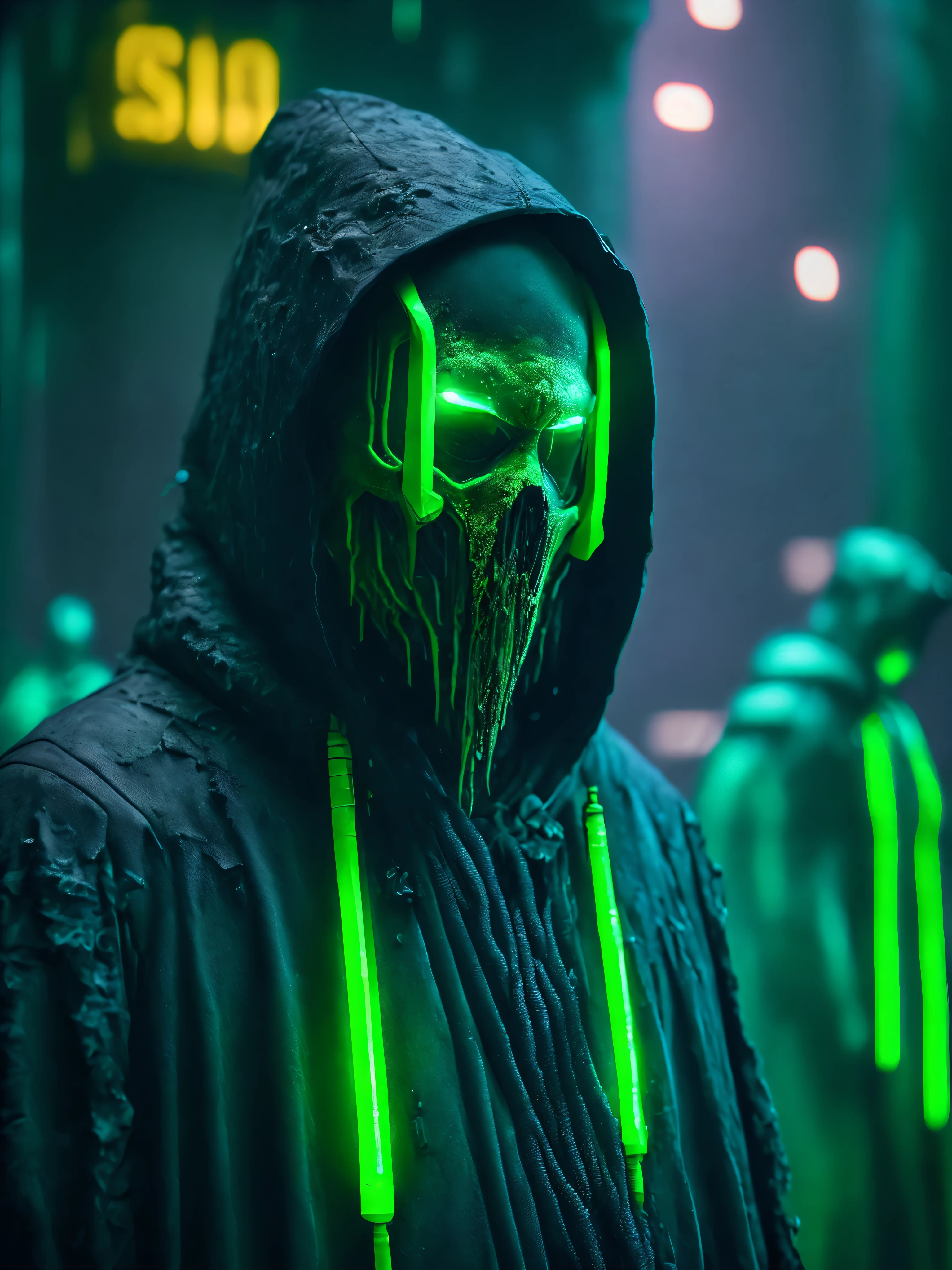 Gloomy portrait of Grim covered in slime from Marvel with intricate angular cybernetic implants inside a brutalist building, abounded hospital, cyberpunk, award-winning photo, bokeh, neon sign lights, cybernetic limb