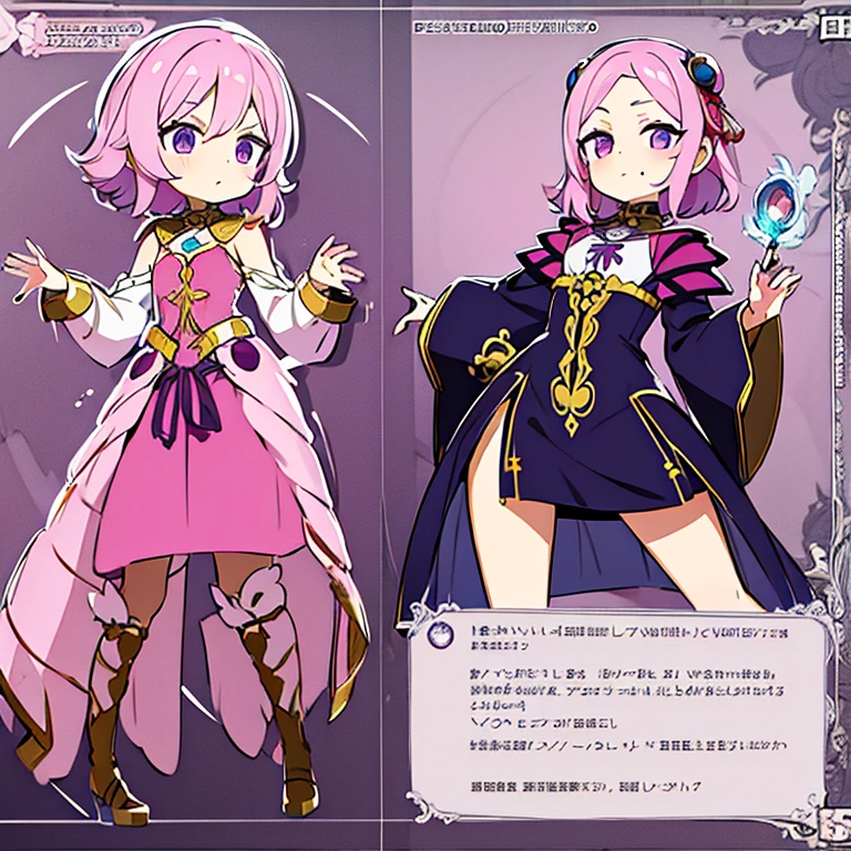 Personagem feminino,cabelo longo,cheio e ondulado de cor castanho escuro, seus olhos castanhos escuro, cor da pele parda, in anime version, de cores das veste branca, with pink and lilac details, em desenho flores, uma personagem feminina estilo anime e uma mestra de bombas Model sheet.