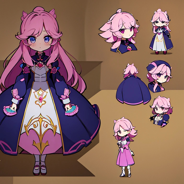 Personagem feminino,cabelo longo,cheio e ondulado de cor castanho escuro, seus olhos castanhos escuro, cor da pele parda, in anime version, de cores das veste branca, with pink and lilac details, em desenho flores, uma personagem feminina estilo anime e uma mestra de bombas Model sheet.