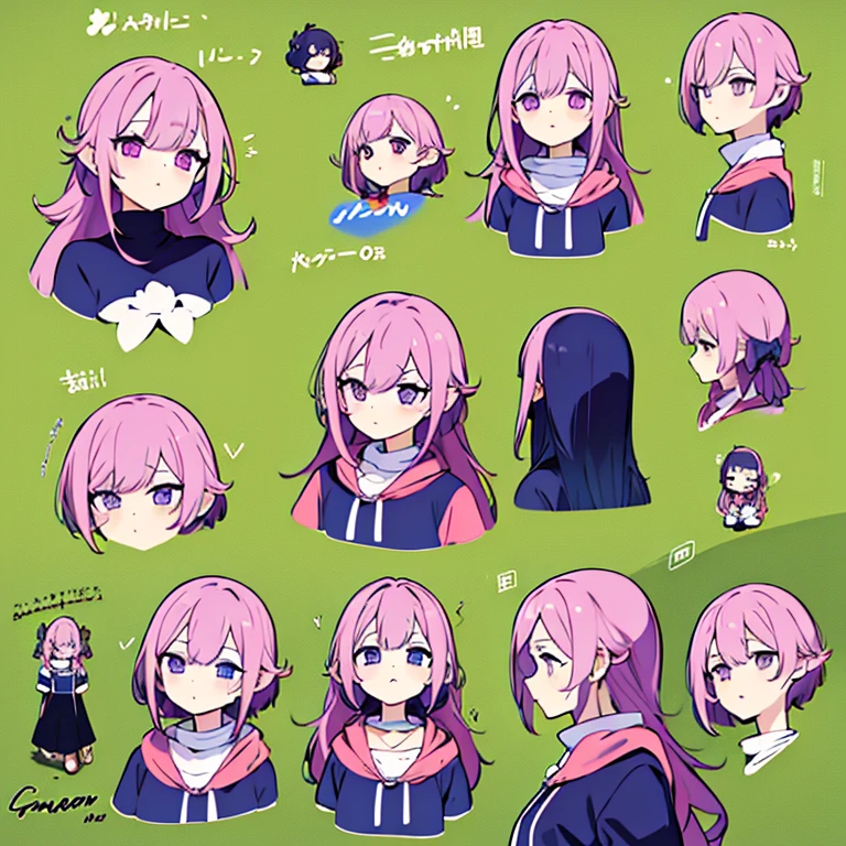 Personagem feminino,cabelo longo,cheio e ondulado de cor castanho escuro, seus olhos castanhos escuro, cor da pele parda, in anime version, de cores das veste branca, with pink and lilac details, em desenho flores, uma personagem feminina estilo anime e uma mestra de bombas Model sheet.