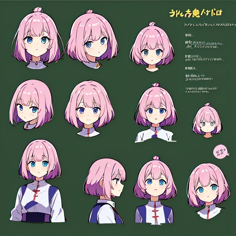 Personagem feminino,cabelo longo,cheio e ondulado de cor castanho escuro, seus olhos castanhos escuro, cor da pele parda, in anime version, de cores das veste branca, with pink and lilac details, em desenho flores, uma personagem feminina estilo anime e uma mestra de bombas Model sheet.