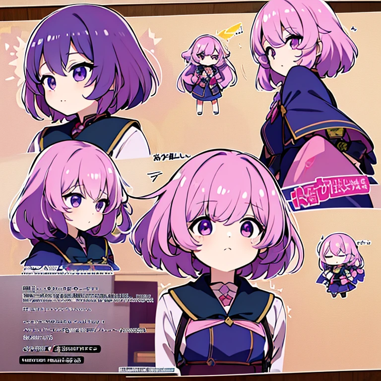 Personagem feminino,cabelo longo,cheio e ondulado de cor castanho escuro, seus olhos castanhos escuro, cor da pele parda, in anime version, de cores das veste branca, with pink and lilac details, em desenho flores, uma personagem feminina estilo anime e uma mestra de bombas Model sheet.