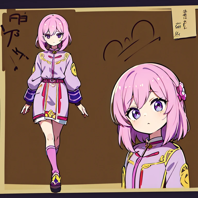 Personagem feminino,cabelo longo,cheio e ondulado de cor castanho escuro, seus olhos castanhos escuro, cor da pele parda, in anime version, de cores das veste branca, with pink and lilac details, em desenho flores, uma personagem feminina estilo anime e uma mestra de bombas Model sheet.