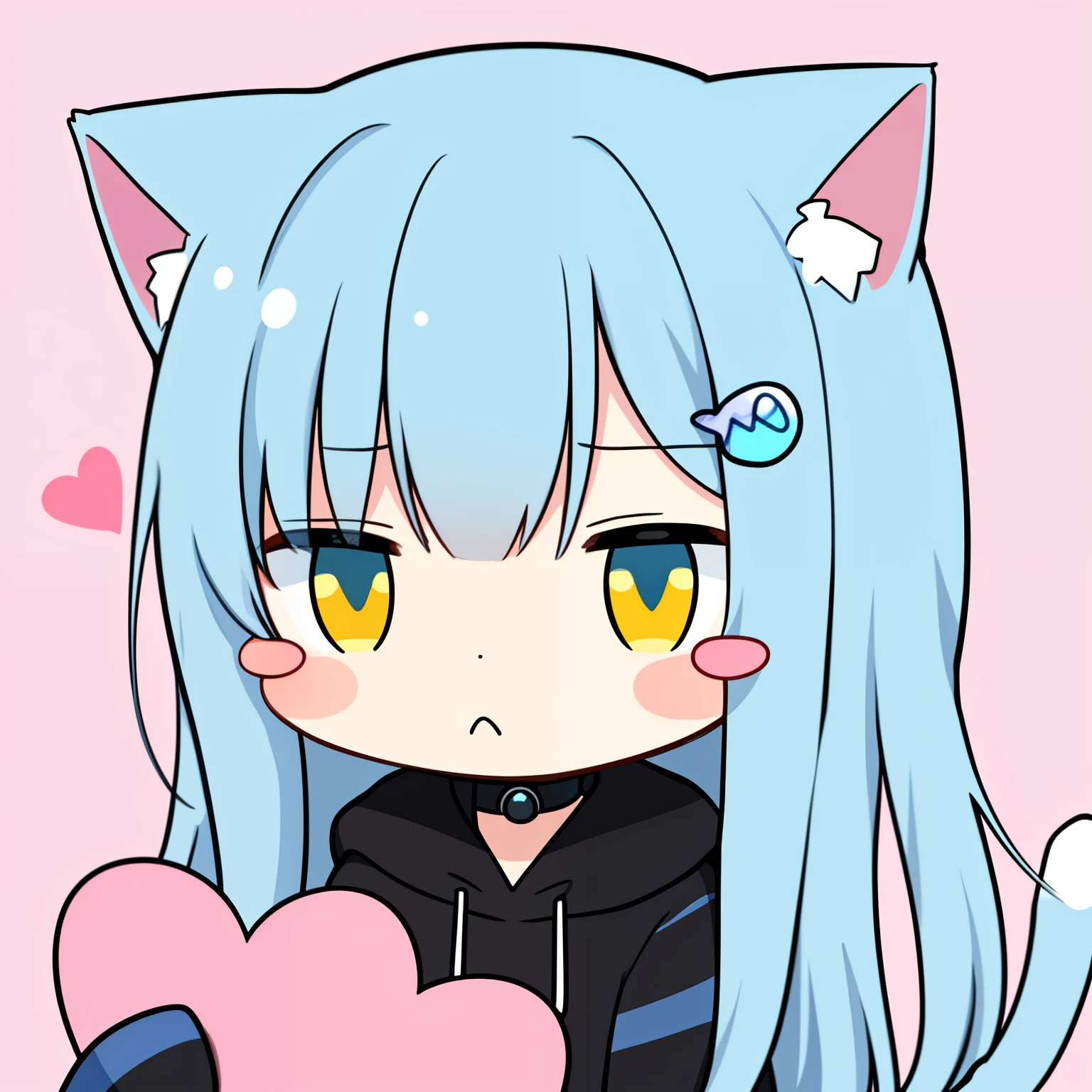 Little, nach○nek○type, heart, animal ears, Cat ear, black hoodie, light blue hair, blue eyes, tail, l○ng hair, hair ○rnament, ○pen m○uth, striped, sleeves go over wrists, bangs, blush stickers, striped シャツ, cat tail, symb○l-shaped pupils, s○l○, cat girl, l○ng sleeves, Sleeves that go beyond the fingers, heart-shaped pupils, Raise the hand, upper b○dy, blue shirt, hair clip, blush, pink backgr○und, raise your hand, cat hair ○rnament, virtual y○utuber, :○One、yellow eyes、Hair length is short