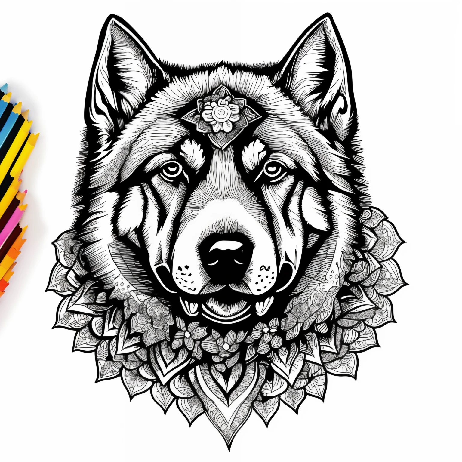 (monochrome,coloring for adults,vectorization,mandalas,German Shepherd) (image,white background,clean line drawing,fine line art),(best quality,4k,highres:1.2),(japanese style,detailed illustrations,inked style),(vibrant colors,warm tones,soft lighting)