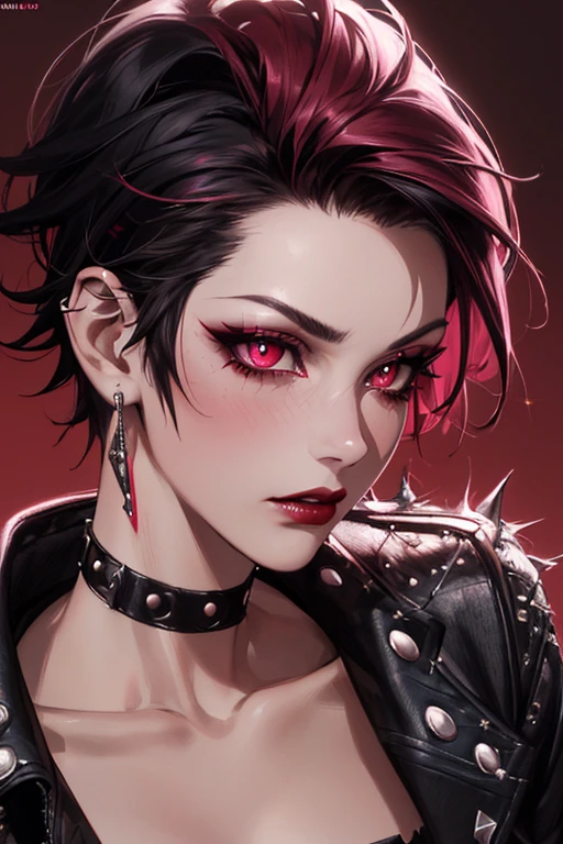 1girl, (close up, masterpiece, best quality: 1.2), 8k, official art, absurdres, gothic, studded leather jacket and choker, pierced earrings, (smoky red eye shadow with glitter, pinkish red lips glazed :0. 9), very dark red background, HDR, facelight, ultra realistic, highres, photography, film grain, chromatic aberration, sharp focus, HDR, facelight, dynamic lighting, cinematic lighting, professional shadow, dark shadow, highest detailed, extremely detailed, ultra detailed, finely detail, real skin, delicate facial features, detailed face and eyes, sharp pupils, realistic pupils, (punk hair: 1.4) short curly black hair, punk hair