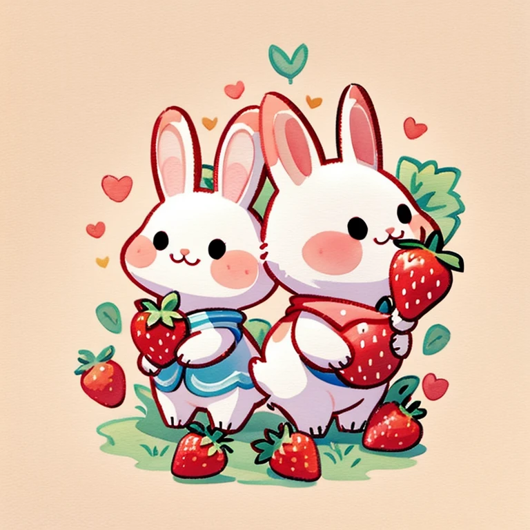 Rabbit holding strawberry，watercolor，Q version，cute，Children's picture book style，meticulous，flat style，children illustration，Hand Painted