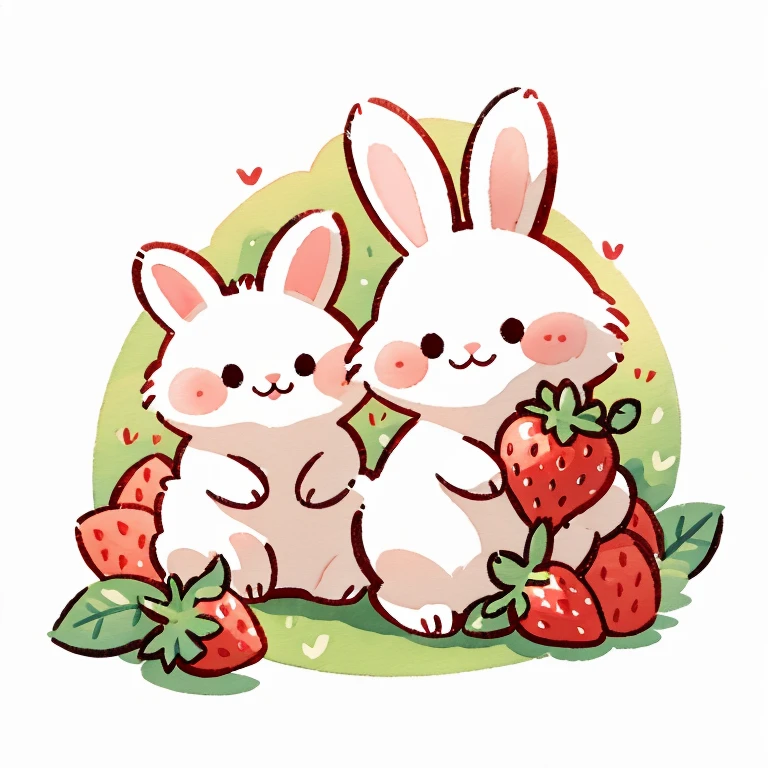 Rabbit holding strawberry，watercolor，Q version，cute，Children's picture book style，meticulous，flat style，children illustration，Hand Painted