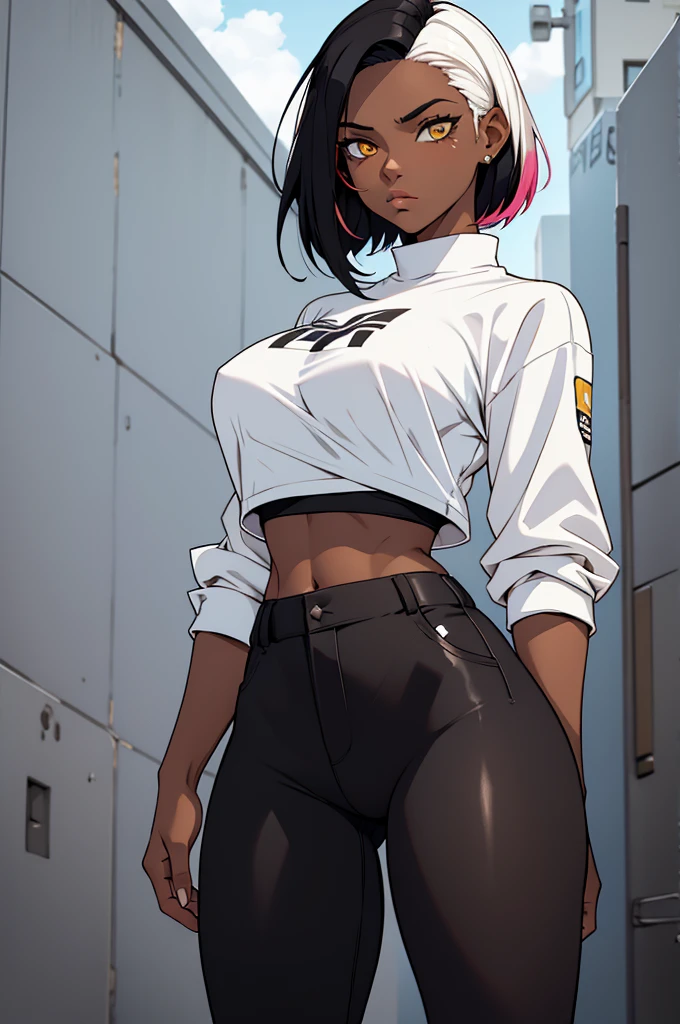 dark skin,1 girl,((multicolored hair, black hair, white hair)), 1 girl, two-tone hair, black on top, white on bottom 1 gilr, ,perfect anatomy girl muscular girl toned body girl large breasts girl thick girl angry girl best quality girl black hair girl yellow eyes girl pale girl pale girl,linda mulher morena, musculosa , usando short legging withe, meia calça preta, cabelo curto, belos olhos, olhos lindos, amarelos, camisa branca, jaqueta de couro preta, shorts, short legging white, cidade beco escuro pantyhose black, two-tone hair, black on top, white on bottom

