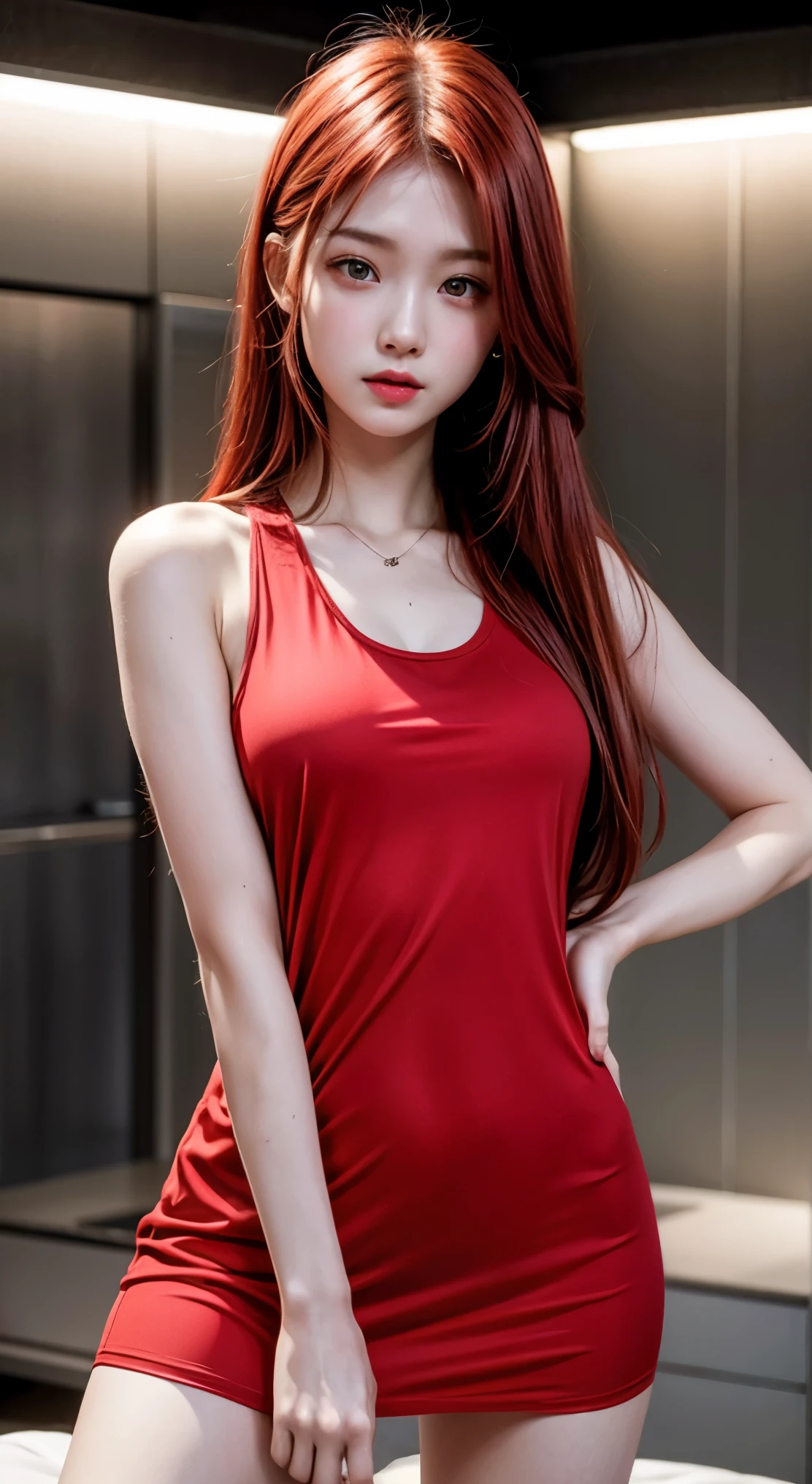 masterpiece, best quality, highres, 1girl, solo,red hair, long hair, open hair, red eyes, tank top,short dress,open legs, whole body