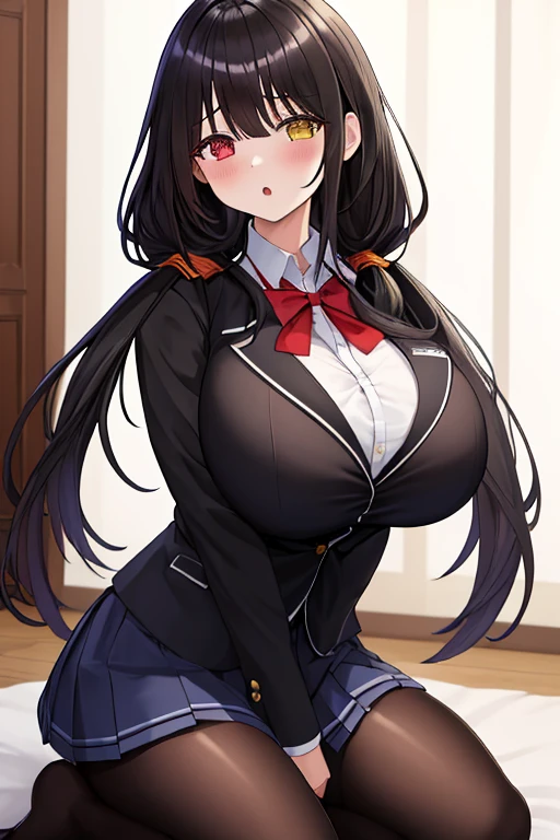 masterpiece, best quality, highres, 1girl, bbkurumi, long hair, heterochromia, low twintails, school uniform, black jacket, pleated skirt, blue skirt, black pantyhose, grass, wariza, filed, loafers, :o , , huge big breasts,huge , (:1.5), (:1.5)