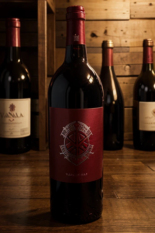 create a bottle of red wine with the valhalla logo