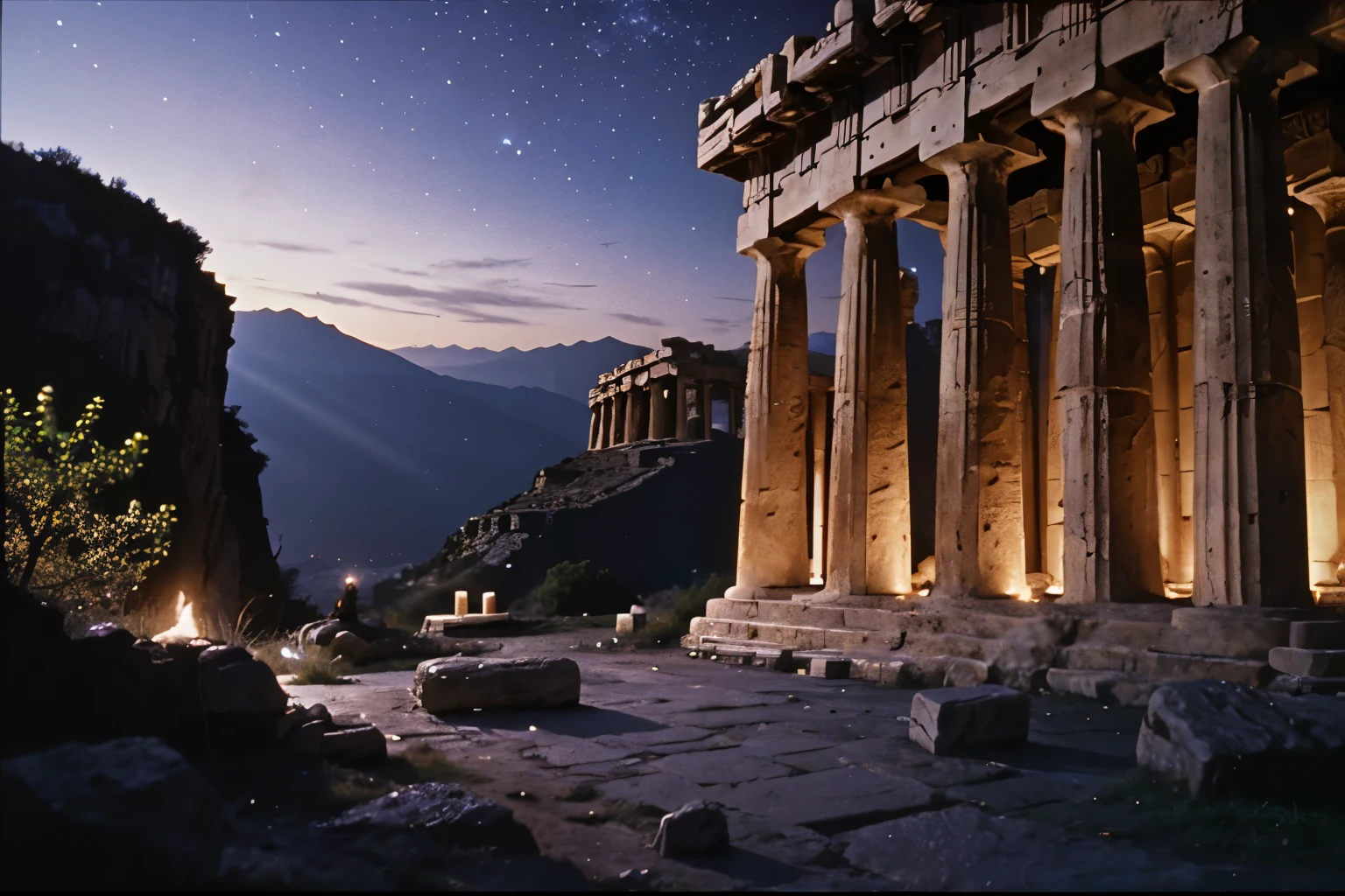 DVD still from 1981 Dark Adventure Fantasy Film "Clash of the Titans", Underground Greek Parthenon on cliff, night, stars, blue and purple