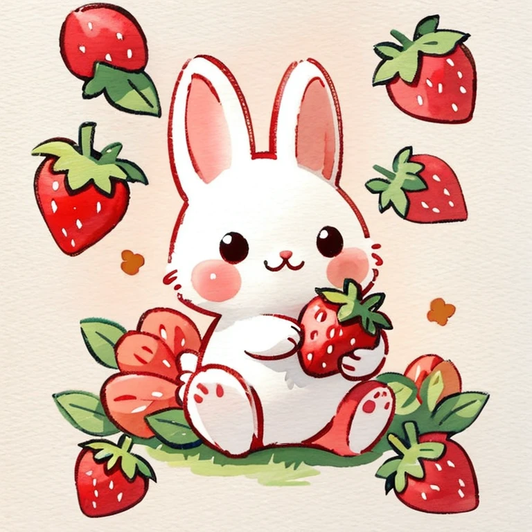 A rabbit holding a strawberry，watercolor，Q version，cute，Children's picture book style，meticulous，flat style，children illustration，Hand Painted