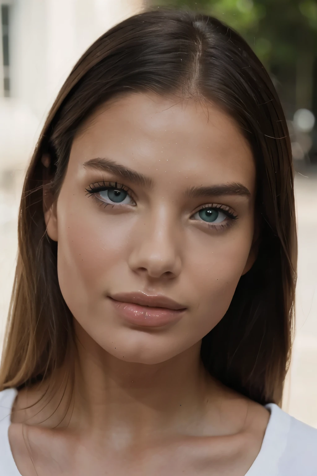 a slim and youthful 22 year old girl, with a similar face to actress Adriana Lima, Modell, Ultrarealistisch, sie hat eine glatze, green eyes, leichte Sommersprossen, atemberaubend,