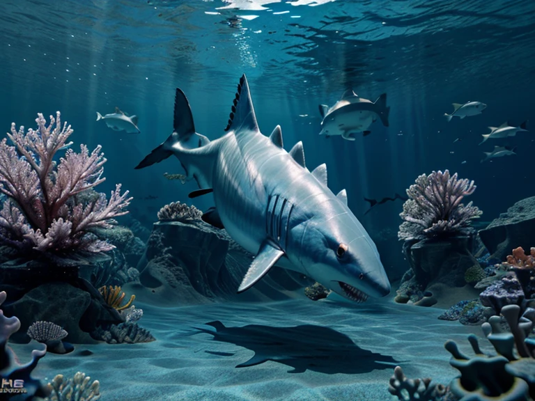 Create a half-man, half-shark hybrid creature, swimming on the bottom of the sea, with other bizarre creatures, colorful fish and octopus in the background, realistic, 4k.
