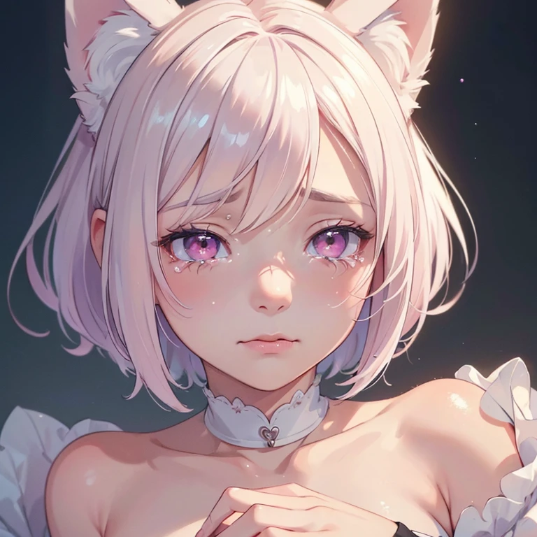 (best quality,4k,8k,highres,masterpiece:1.2), ultra-detailed, realistic, young girl, short white hair, pink eyes, wolf ears, crying, delicate facial features, emotional expression, flowing tears, cute appearance, melancholic atmosphere, tender touch, soft lighting, pastel colors, gentle strokes.