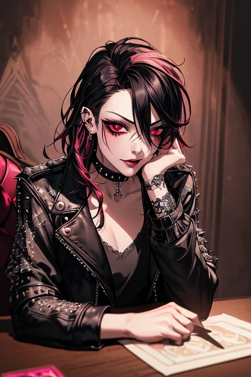 1girl, (masterpiece, best quality: 1.2), 8k, official art, absurdres, gothic, studded leather jacket and choker, pierced earrings, (smoky red eye shadow with glitter, pinkish red lips glazed :0. 9), very dark red background, HDR, facelight, ultra realistic, highres, photography, film grain, chromatic aberration, sharp focus, HDR, facelight, dynamic lighting, cinematic lighting, professional shadow, dark shadow, highest detailed, extremely detailed, ultra detailed, finely detail, real skin, delicate facial features, detailed face and eyes, sharp pupils, realistic pupils, (punk hair: 1.4) long curly black hair, punk hair, fangs in mouth, (sitting at table, holding tarot cards, tarot cards on table)