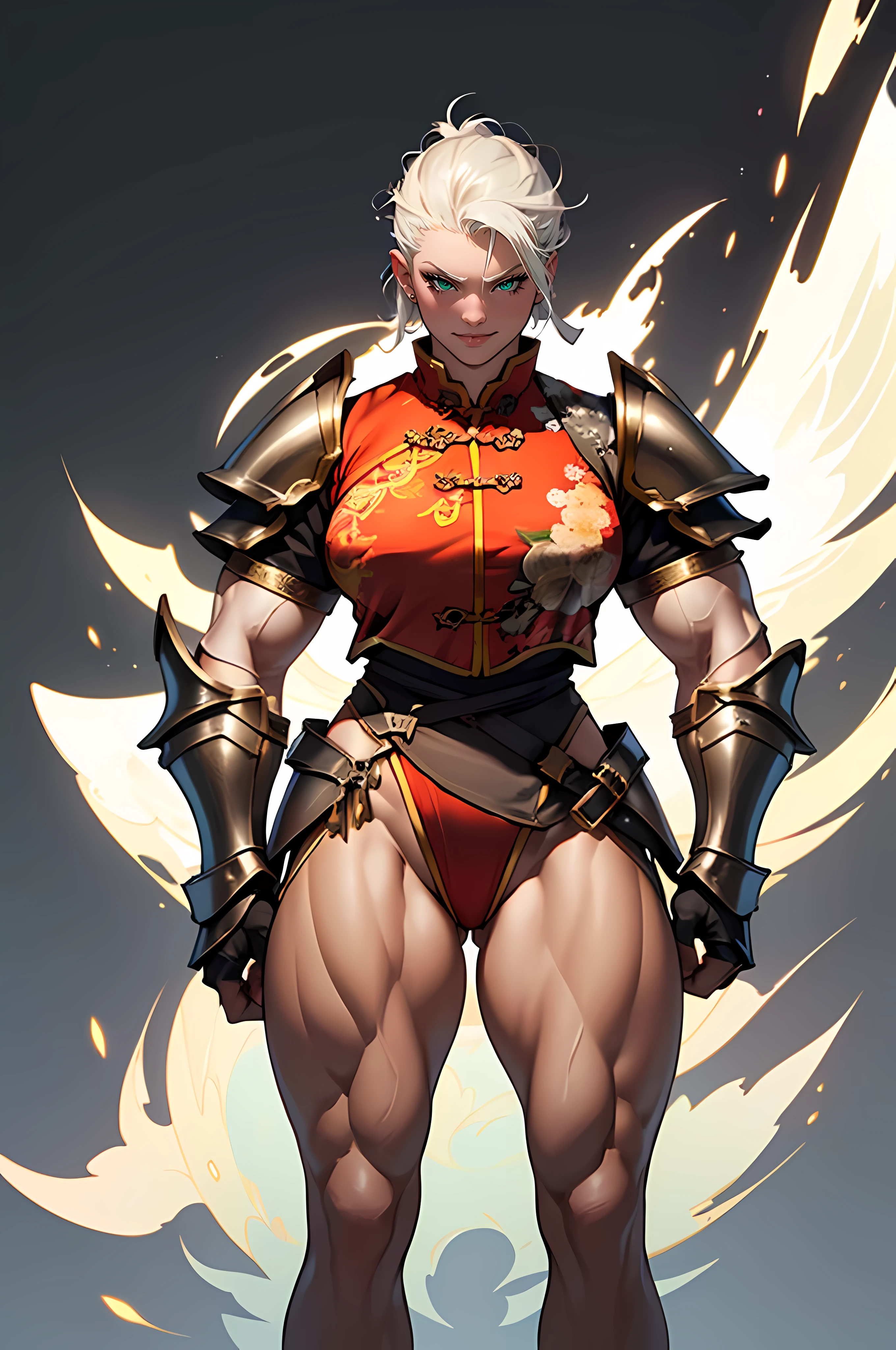 Woman, (High resolution, Pixels are perfect, luxurious illustration), (hyper quality, masutepiece, Ethereal: 1.4),(Solo:1.4), ((((From head to knee)))), (angry), pale skin, (Ass_Pose), (((((((muscular))))))), ((thick thighs)), ((Huge breasts)), Very short hair, ((((chinese armor)))), (((wide hips))), ((greybackground)), (Shiny skin), (Leotard),