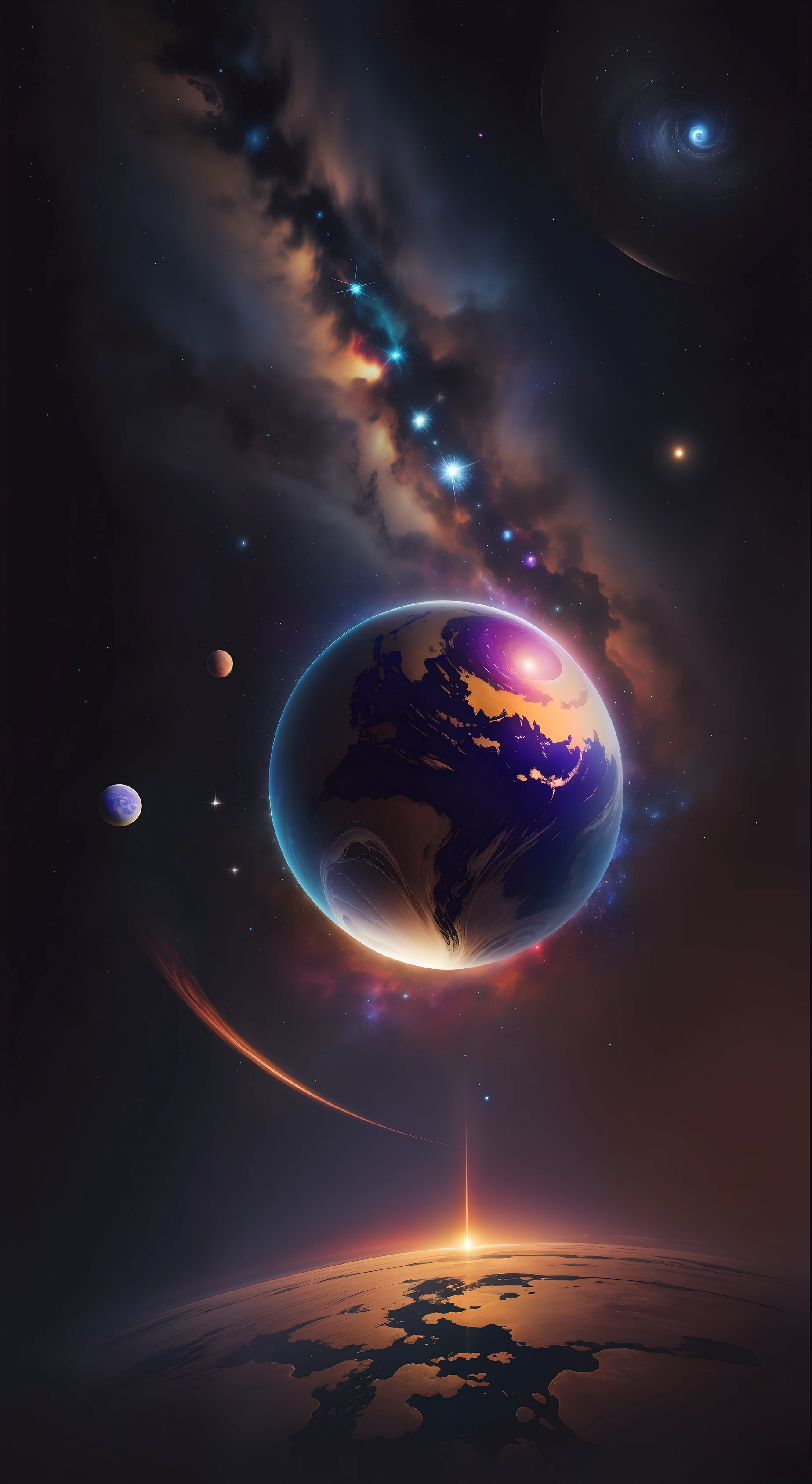 Galaxy with earth and planets,colored milky ways,alta qualidade,high resolution,noite escura