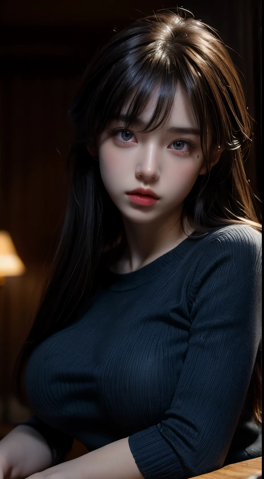 best quality, masterpiece,, Delicate skin, Be focused, Movie Lighting, soft light , Feel free to hairstyle, Ultra-fine face, Delicate eyes, Smooth skin, Bangs, Big Boob , Cleavage exposed, blue eyes, ((Dark background)), Looking at the audience, Off-shoulder, Black Sweater, Pointed face, Open Mouse, long bang,