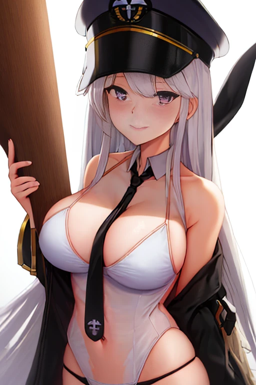 best quality, masterpiece, highres, solo, {enterprise_azurlane:1.15}, long_hair, purple_eyes, white_hair, breasts, hat, bangs, large_breasts, sleeveless, necktie, smile, peaked_cap, white_headwear, black_necktie, blush, very_long_hair, hair_between_eyes, 1girl, looking_at_viewer, white_background, simple_background, bikini, grey_hair, swimsuit, bare_shoulders, cleavage, collarbone, military_hat