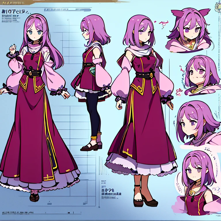 Personagem feminino,cabelo longo,cheio e ondulado de cor castanho escuro, seus olhos castanhos escuro, cor da pele parda, in anime version, de cores das veste branca, with pink and lilac details, em desenho flores, uma personagem feminina estilo anime e uma mestra de bombas Model sheet.