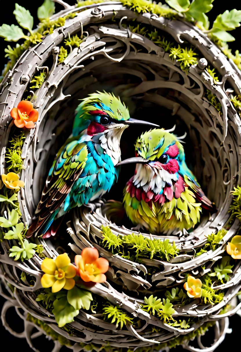 a high resolution professional macro photograph of a teacup sized moss and lichen covered hummingbird nest with two very small bright colorful hummingbirds inside, textured, highly detailed, realism, 8k resolution, fine detail, deep contrasting colors, texture, perfect composition, beautiful