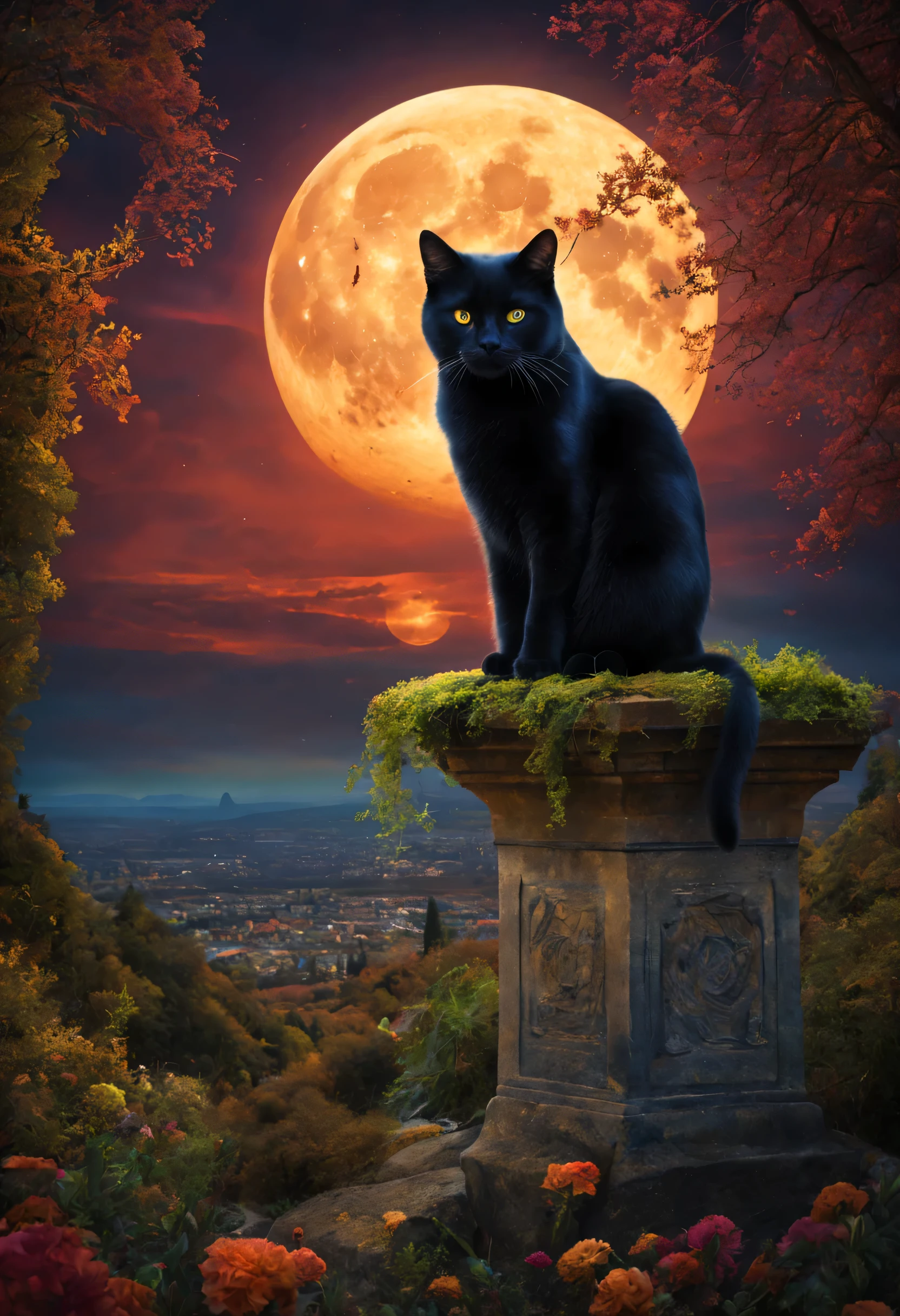 chat ligné foncé, lune, pendule, tarot, magie, dans un paysage, Ambiance magique, mystère,(meilleure qualité, haute résolution,ultra-détaillé,réaliste:1.2),Des couleurs vives, acuité, HDR, fantaisie, Paysage magique, cristaux brillants, éclairage éthéré, beauté sublime, Ténèbres mystérieuses, ambiance surréaliste, spectacle fascinant.