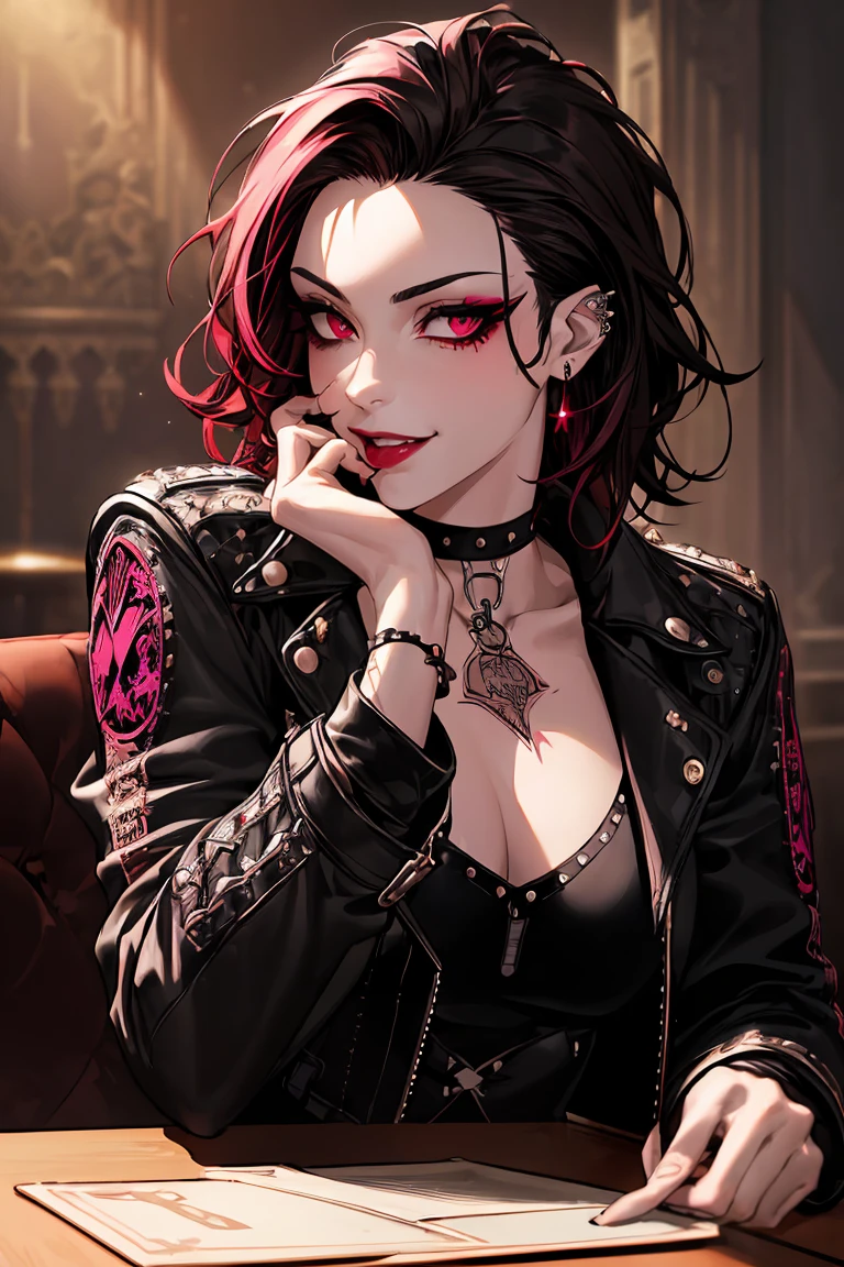 1girl, (masterpiece, best quality: 1.2), 8k, official art, absurdres, gothic, studded leather jacket and choker, pierced earrings, (smoky red eye shadow with glitter, pinkish red lips glazed :0. 9), very dark red background, HDR, facelight, ultra realistic, highres, photography, film grain, chromatic aberration, sharp focus, HDR, facelight, dynamic lighting, cinematic lighting, professional shadow, dark shadow, highest detailed, extremely detailed, ultra detailed, finely detail, real skin, delicate facial features, detailed face and eyes, sharp pupils, realistic pupils, (punk hair: 1.4) long curly black hair, punk hair, smiling, fangs in mouth, fangs poking out of mouth (sitting at table, holding tarot cards, tarot cards on table)