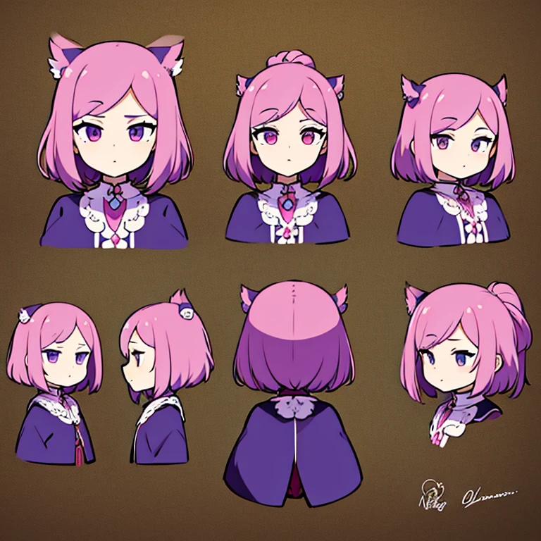 Personagem feminino,cabelo longo,cheio e ondulado de cor castanho escuro, seus olhos castanhos escuro, cor da pele parda, in anime version, de cores das veste branca, with pink and lilac details, em desenho flores, uma personagem feminina estilo anime e uma mestra de bombas Model sheet.
