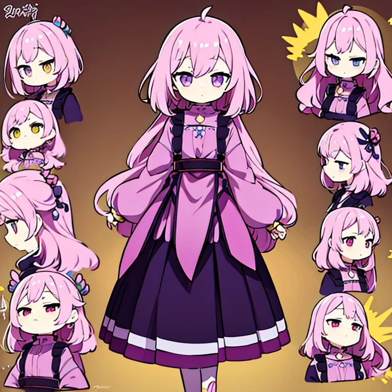 Personagem feminino,cabelo longo,cheio e ondulado de cor castanho escuro, seus olhos castanhos escuro, cor da pele parda, in anime version, de cores das veste branca, with pink and lilac details, em desenho flores, uma personagem feminina estilo anime e uma mestra de bombas Model sheet.