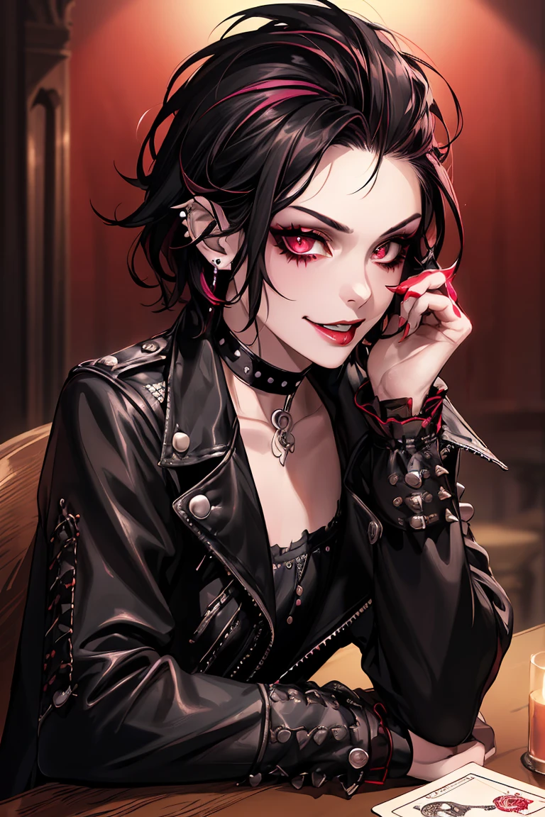 1girl, (masterpiece, best quality: 1.2), 8k, official art, absurdres, gothic, studded leather jacket and choker, pierced earrings, (smoky red eye shadow with glitter, pinkish red lips glazed :0. 9), very dark red background, HDR, facelight, ultra realistic, highres, photography, film grain, chromatic aberration, sharp focus, HDR, facelight, dynamic lighting, cinematic lighting, professional shadow, dark shadow, highest detailed, extremely detailed, ultra detailed, finely detail, real skin, delicate facial features, detailed face and eyes, sharp pupils, realistic pupils, (punk hair: 1.4) long curly black hair, punk hair, smiling, fangs in mouth, fangs poking out of mouth (sitting at table, holding tarot cards, tarot cards on table)