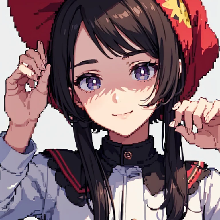 HCnone, arte de pixel, obra de arte, pixel, 1 garoto, retrato, cabelo preto, cabelo castanho claro, olhos pretos, , , rosto apenas, olhando para o espectador, Foto do perfil, sorriso, sorriso, , estilo anime, Bonitinho, fundo simples, fundo cinza