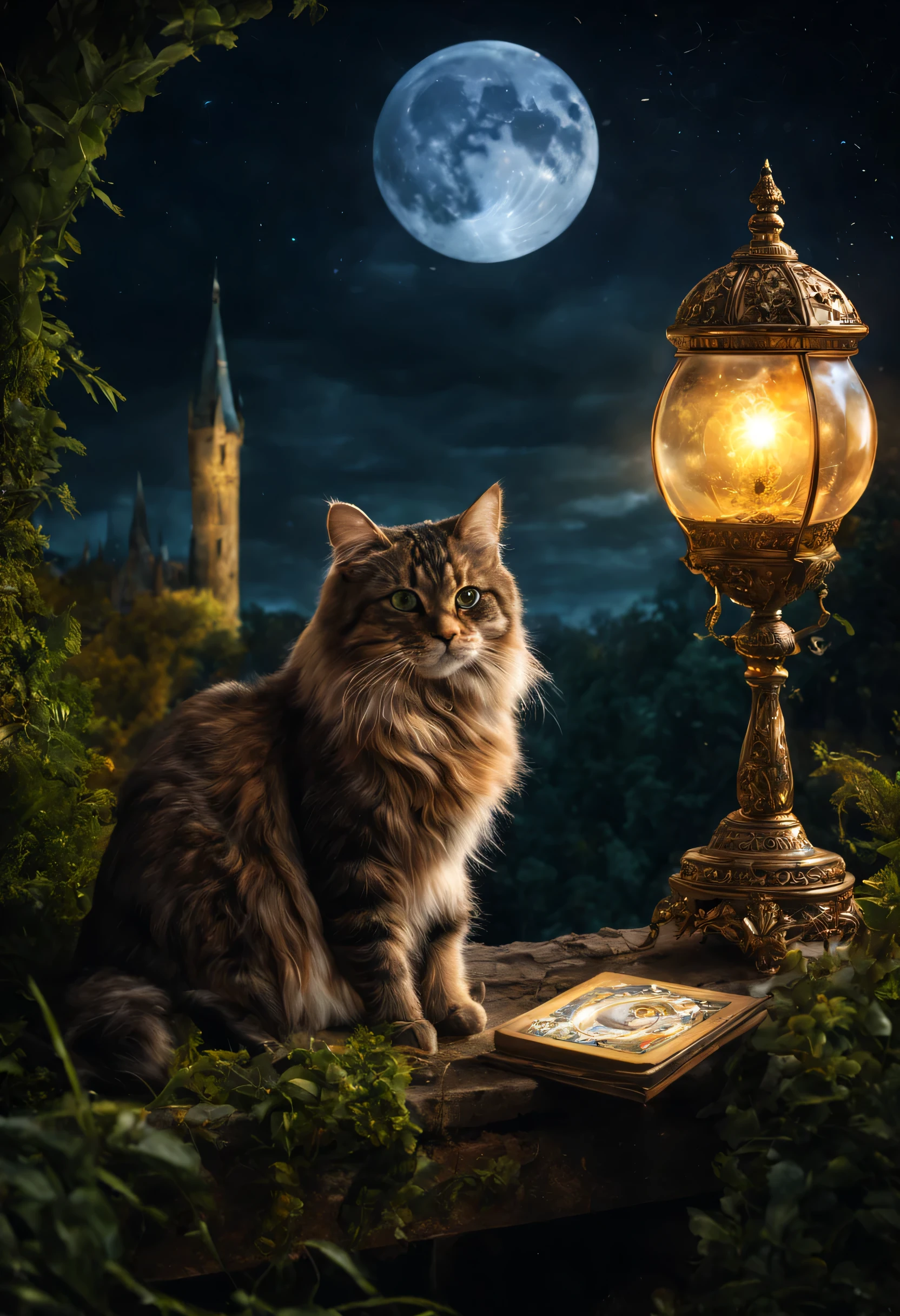 chat, lune, pendule, tarot, magie, dans un paysage, Ambiance magique, mystère,(meilleure qualité, haute résolution,ultra-détaillé,réaliste:1.2),Des couleurs vives, acuité, HDR, fantaisie, Paysage magique, cristaux brillants, éclairage éthéré, beauté sublime, Ténèbres mystérieuses, ambiance surréaliste, spectacle fascinant.