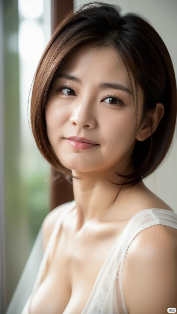 ((highest quality)), ((masterpiece)), (be familiar with), perfect face, mature woman, 50 years old, Japanese,  big breasts, big areola, erect nipples, round face, small face, sharp chin, big nose, long eyes, Cat-like eyes, Laughter, , big ass, full body image, Tank top, thin fabric hot pants, very short hair, Rise, anxious look, beautiful woman, Crisp double eyelids,  Dark circles in the eyes, nasolabial folds, wrinkles around the eyes, kneel, blowjob, semen, housewife, Aunt, loose body, Sweat, A look that wants a penis, bed time, suck penis, 顔に付いたsemen, A face that glares harshly