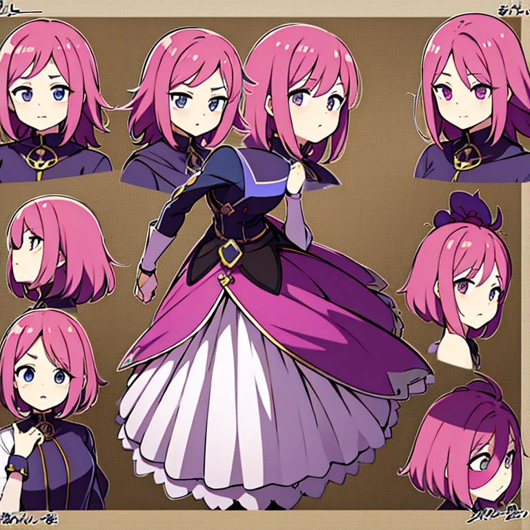 Personagem feminino,cabelo longo,cheio e ondulado de cor castanho escuro, seus olhos castanhos escuro, cor da pele parda, in anime version, de cores das veste branca, with pink and lilac details, em desenho flores, uma personagem feminina estilo anime e uma mestra de bombas Model sheet.