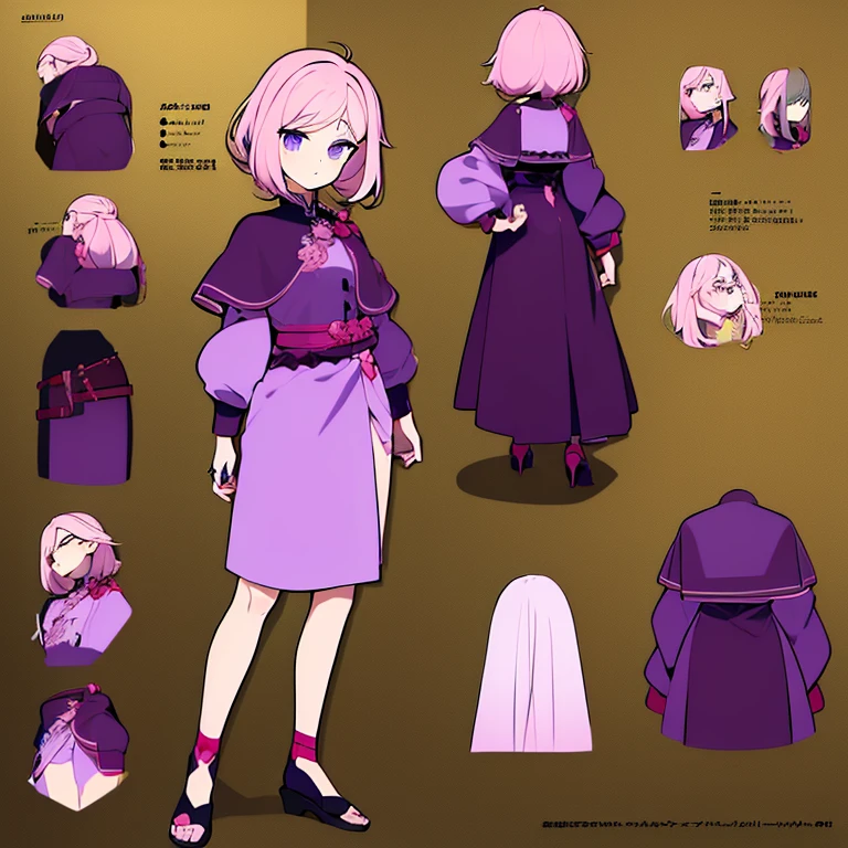 Personagem feminino,cabelo longo,cheio e ondulado de cor castanho escuro, seus olhos castanhos escuro, cor da pele parda, in anime version, de cores das veste branca, with pink and lilac details, em desenho flores, uma personagem feminina estilo anime e uma mestra de bombas Model sheet.
