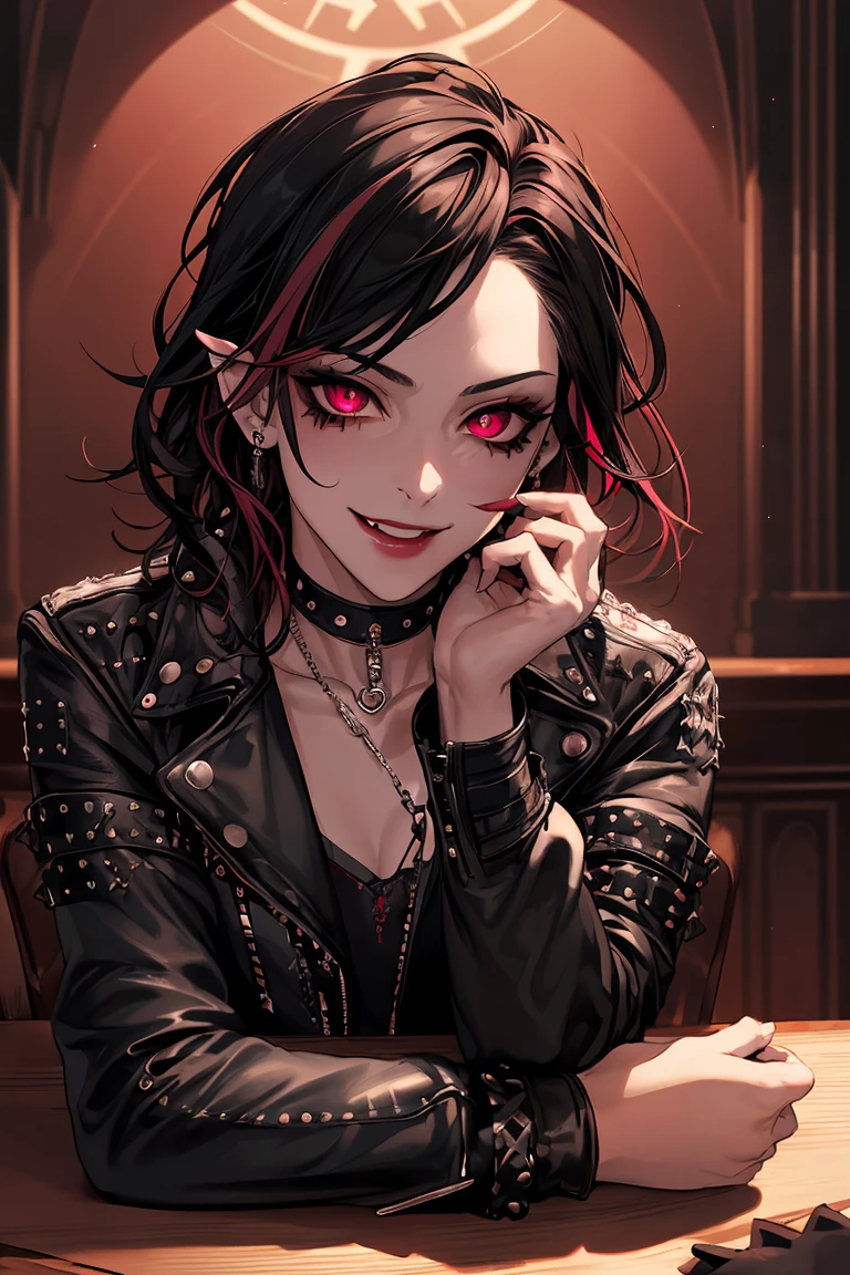 1girl, (masterpiece, best quality: 1.2), 8k, official art, absurdres, gothic, studded leather jacket and choker, pierced earrings, (smoky red eye shadow with glitter, pinkish red lips glazed :0. 9), very dark red background, HDR, facelight, ultra realistic, highres, photography, film grain, chromatic aberration, sharp focus, HDR, facelight, dynamic lighting, cinematic lighting, professional shadow, dark shadow, highest detailed, extremely detailed, ultra detailed, finely detail, real skin, delicate facial features, detailed face and eyes, sharp pupils, realistic pupils, (punk hair: 1.4) long curly black hair, punk hair, smiling, fangs in mouth, fangs poking out of mouth (sitting at table, holding tarot cards, tarot cards on table)