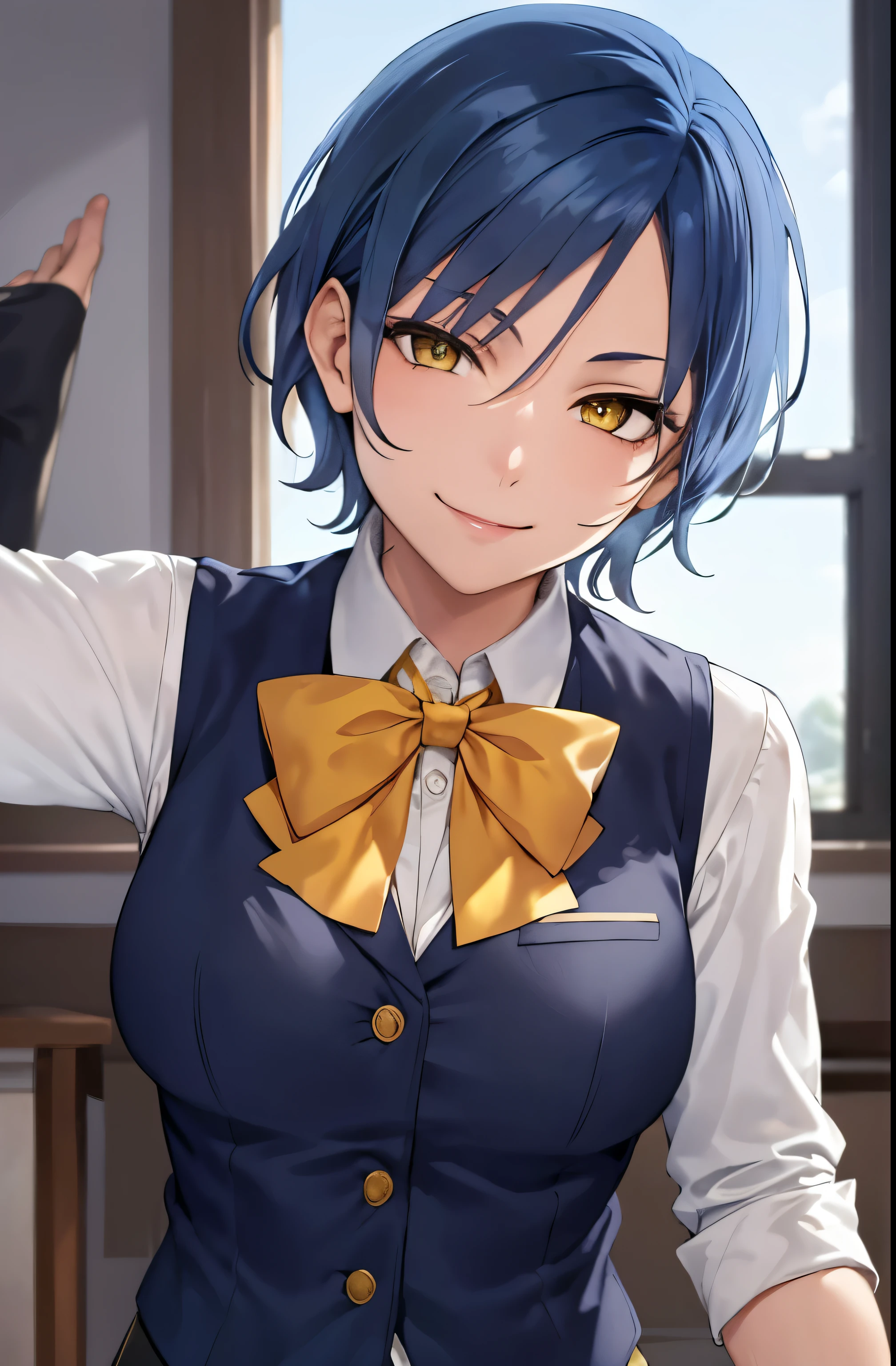 masterpiece, best quality, short hair, blue hair, yellow eyes, indoors, medium breasts, school uniform, bowtie, black vest, smile,
