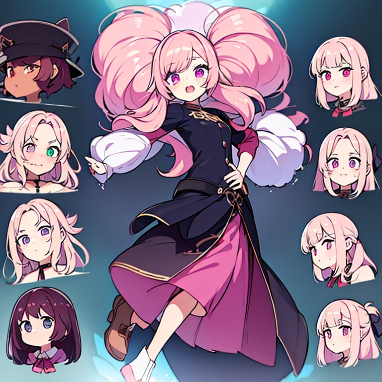 Personagem feminino,cabelo longo,cheio e ondulado de cor castanho escuro, seus olhos castanhos escuro, cor da pele parda, in anime version, de cores das veste branca, with pink and lilac details, em desenho flores, uma personagem feminina estilo anime e uma mestra de bombas Model sheet.