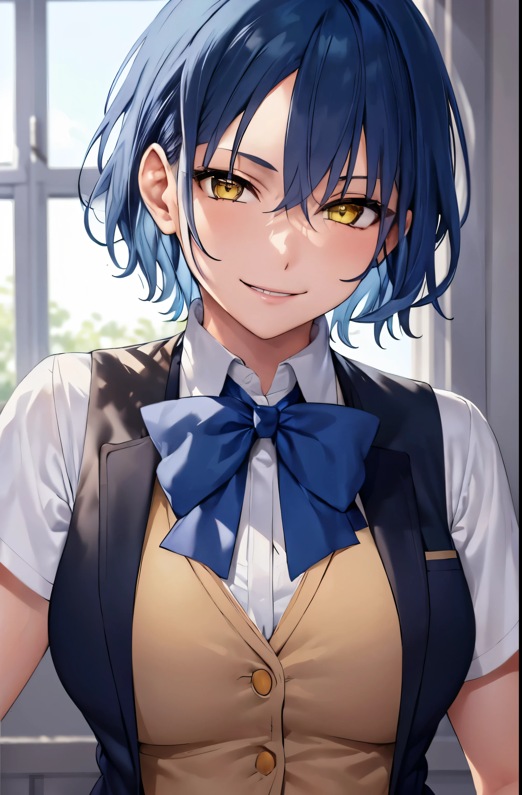 masterpiece, best quality, short hair, blue hair, yellow eyes, indoors, medium breasts, school uniform, bowtie, black vest, smile,