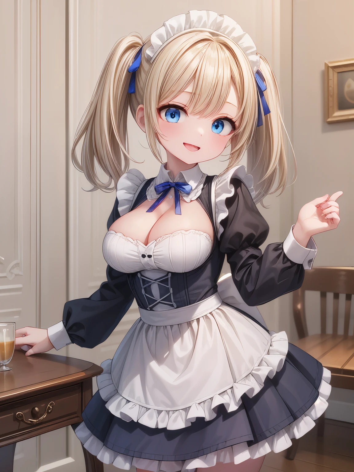 solo girl,20 years old, medium hair,twintail hair,blue ribbon,looking at viewer,dark blonde hair, blue eyes, large breast,happy,smile,maid costume,cleavage,mini skirt,long sleeves,indoors,western style mansion,Best Quality, High resolution, Extremely detailed, Detailed background, Perfect Lighting